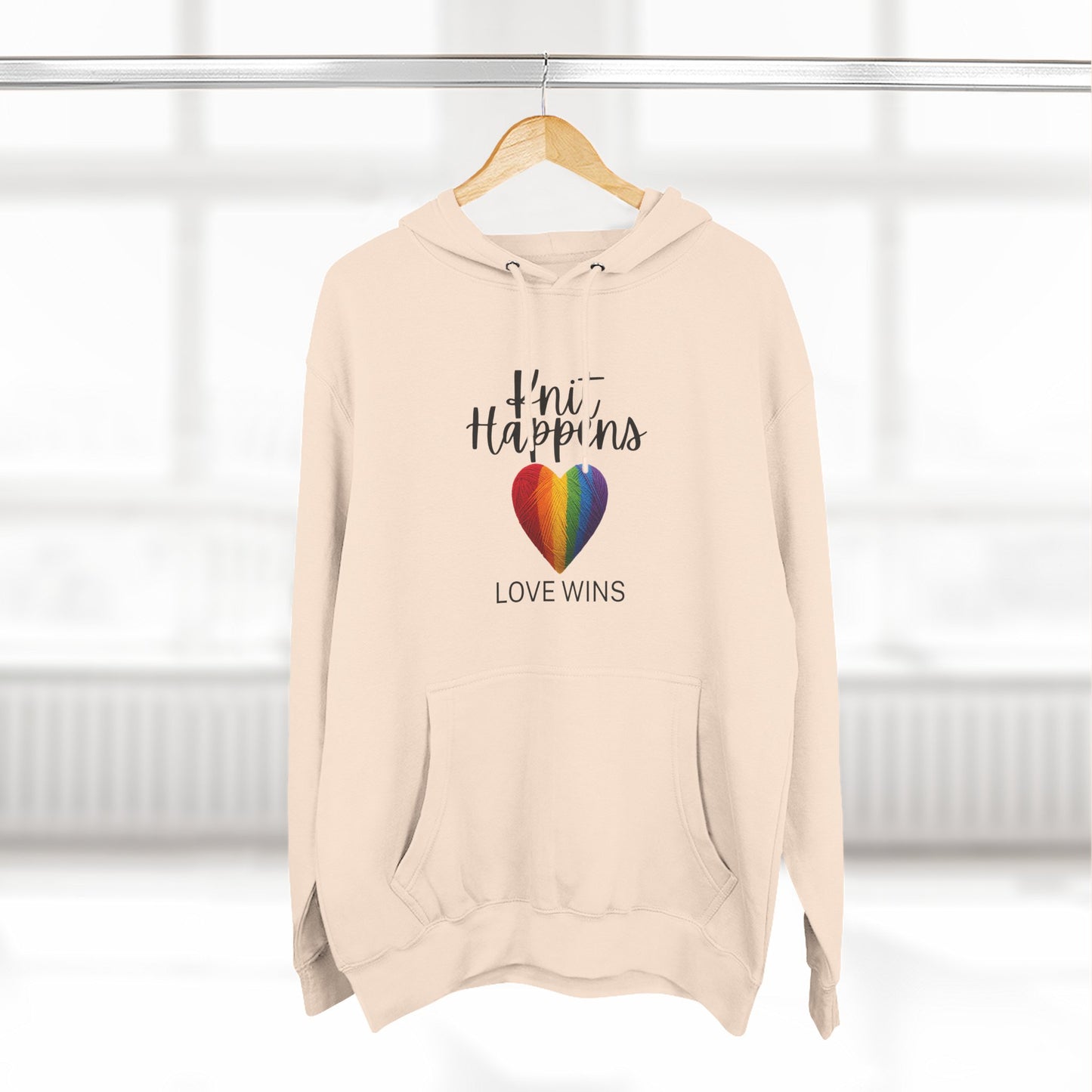 Love Wins Hoodie — "Knit Happens, Love Wins" Rainbow Heart Fleece Pullover