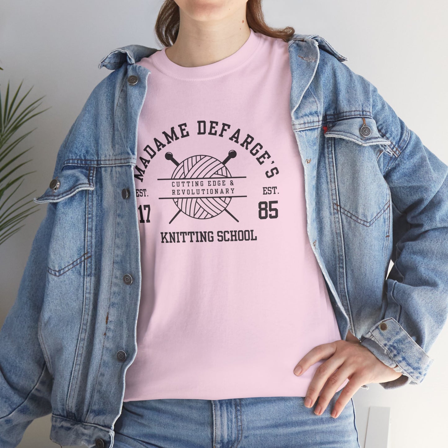 Madame Defarge's Knitting School Tee, Unique Graphic T-Shirt, Gift for Knitters, Literary Tee, Relaxed Style for Events, Soft Cotton