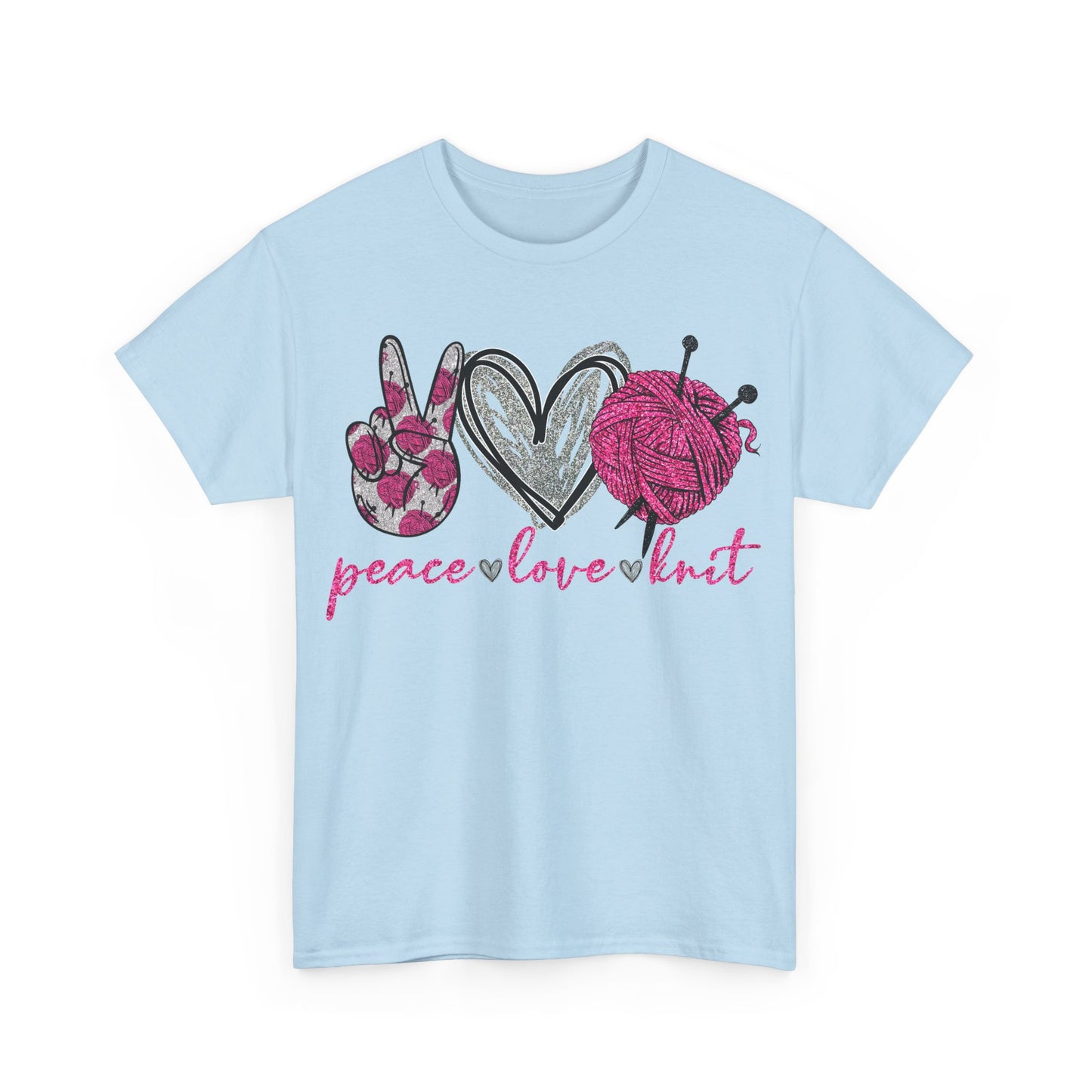 Pink Glitter Peace Love Knitting Unisex Heavy Cotton Tee