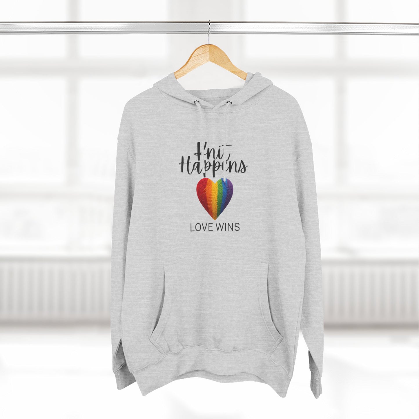 Love Wins Hoodie — "Knit Happens, Love Wins" Rainbow Heart Fleece Pullover