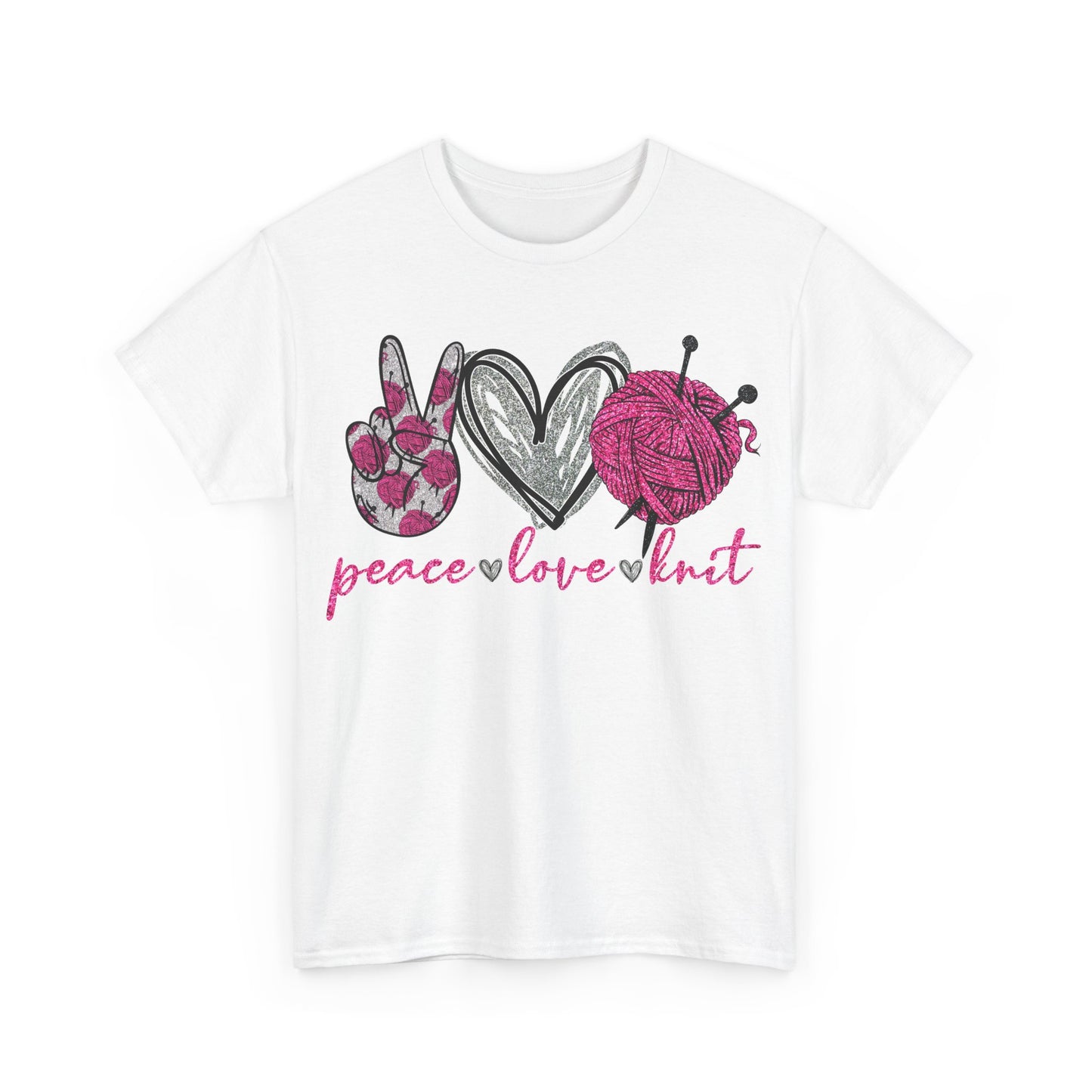 Pink Glitter Peace Love Knitting Unisex Heavy Cotton Tee