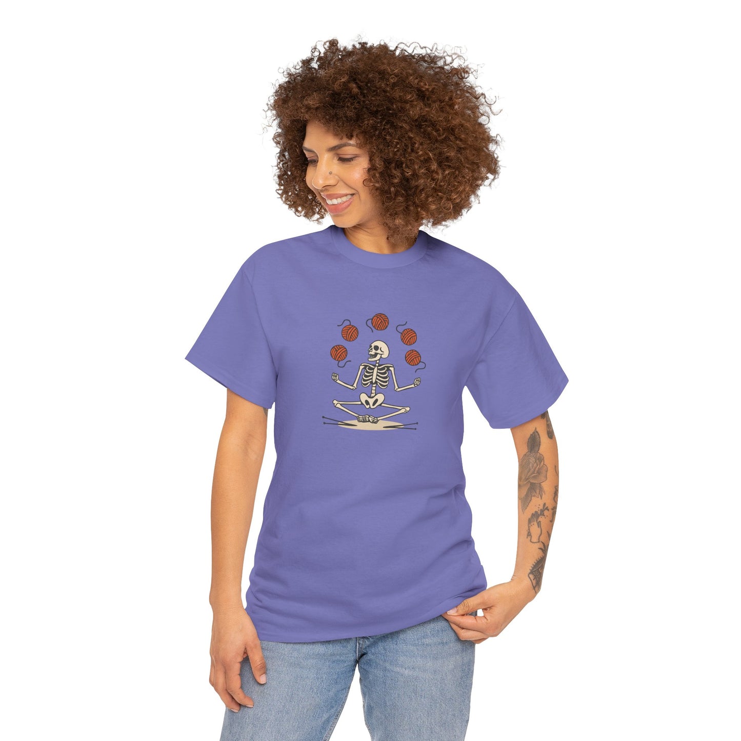 Meditative Yarn Juggling Skeleton V-Neck Tee, Yoga Shirt, Halloween Gift, Unisex T-Shirt, Casual Wear, Skull Design Tee
