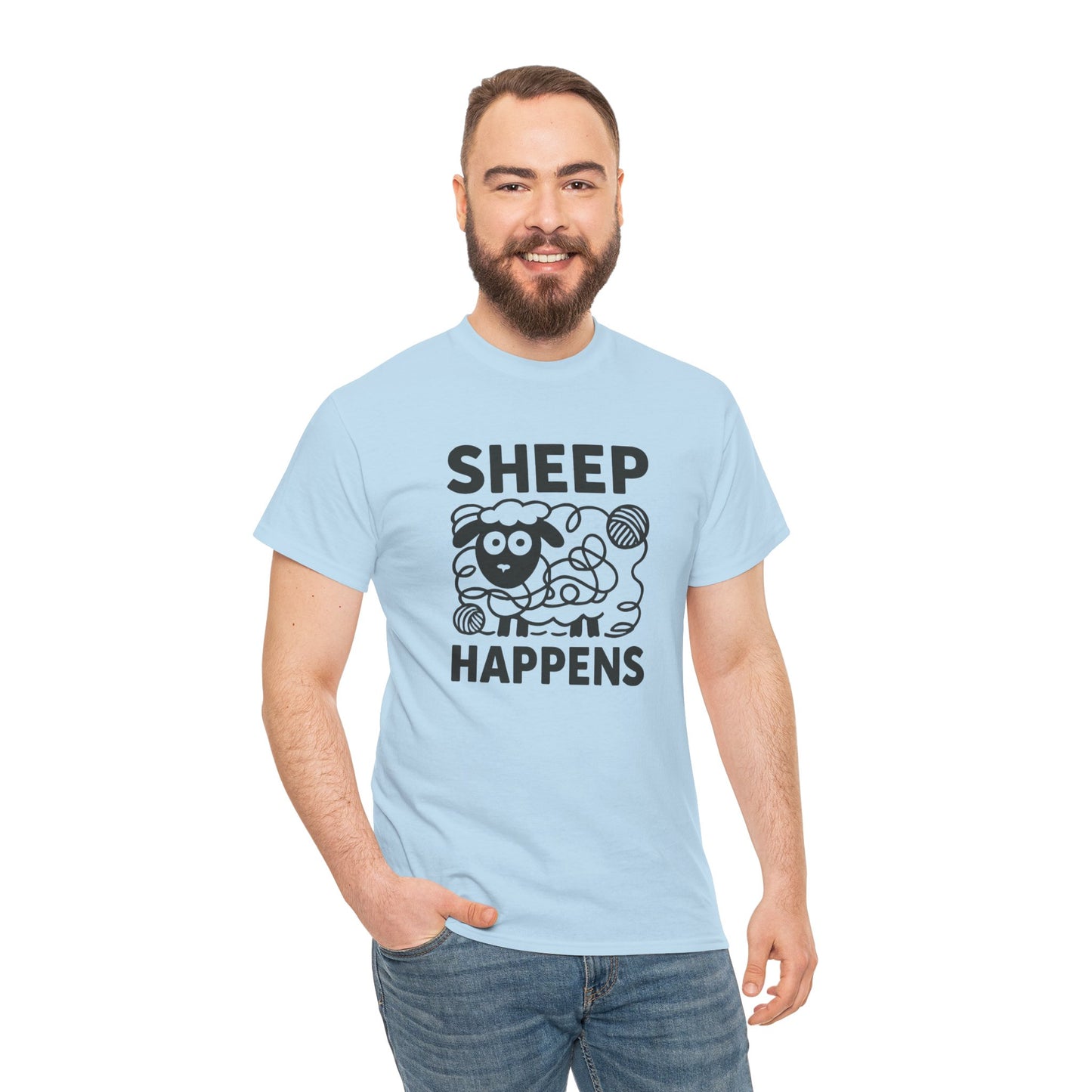 Funny Quote Unisex Tee, Sheep Happens, Graphic T-Shirt, Sarcastic Humor Shirt, Cotton Top, Yarn Lover Gift, Knitter Gift, Crocheter Gift