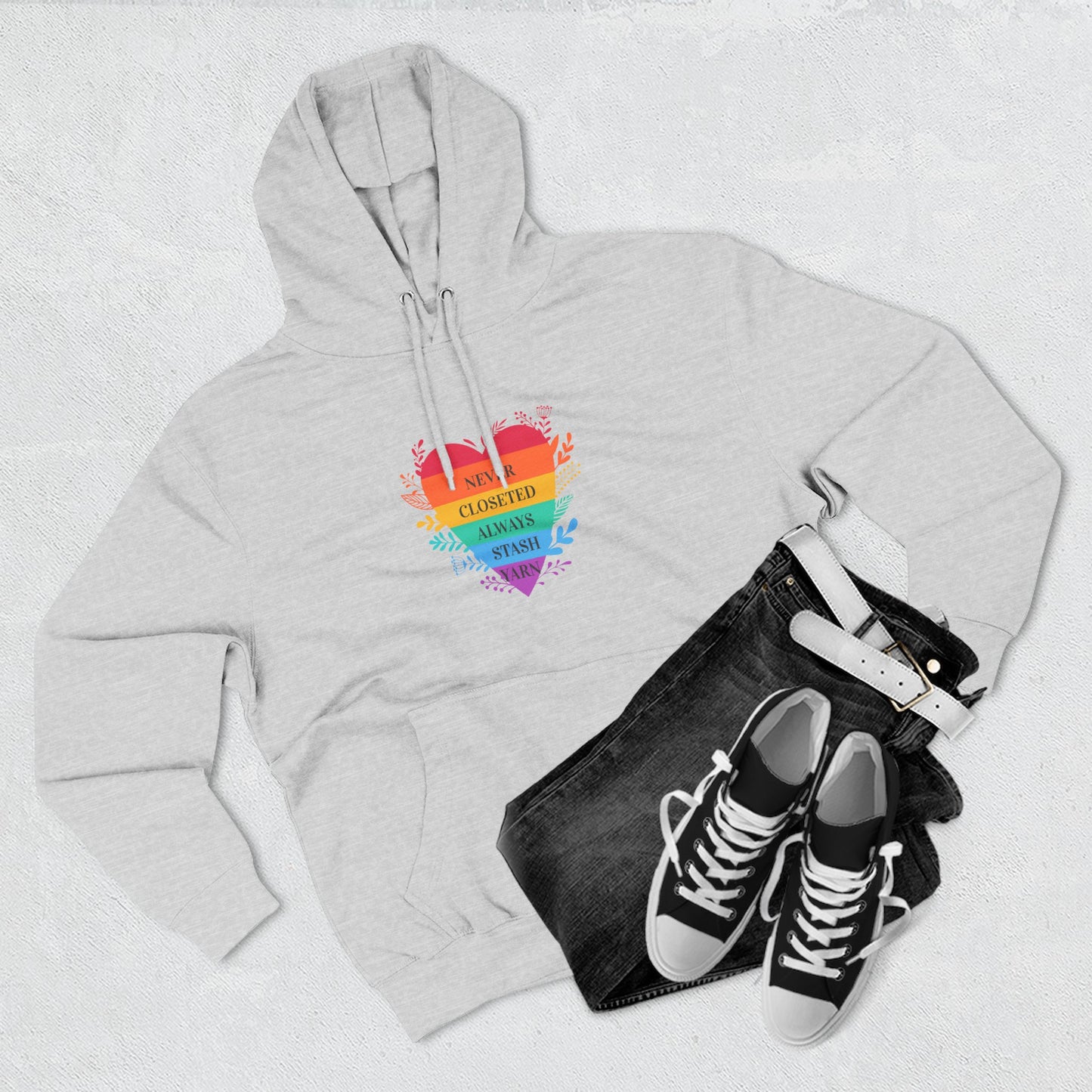 LGBTQ+ Rainbow Heart Hoodie — "Never Closeted, Always Stash Yarn" Fleece Pullover