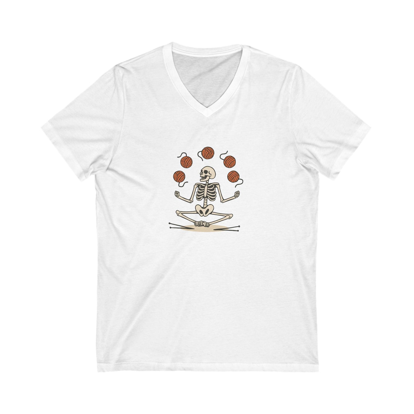 Meditative Yarn Juggling Skeleton V-Neck Tee, Yoga Shirt, Halloween Gift, Unisex T-Shirt, Casual Wear, Skull Design Tee