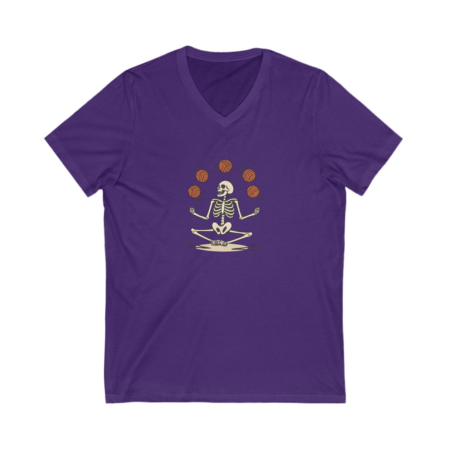 Meditative Yarn Juggling Skeleton V-Neck Tee, Yoga Shirt, Halloween Gift, Unisex T-Shirt, Casual Wear, Skull Design Tee