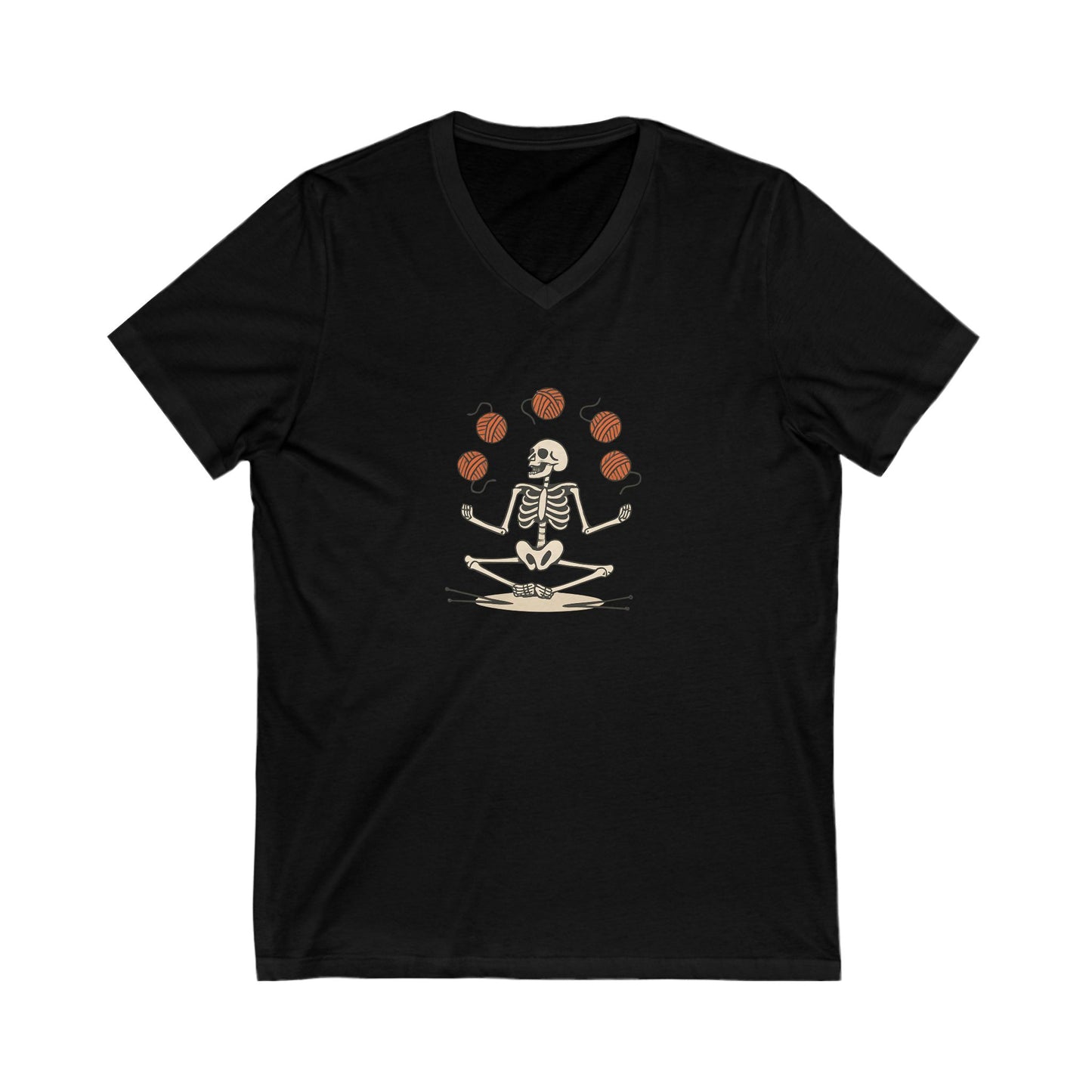 Meditative Yarn Juggling Skeleton V-Neck Tee, Yoga Shirt, Halloween Gift, Unisex T-Shirt, Casual Wear, Skull Design Tee
