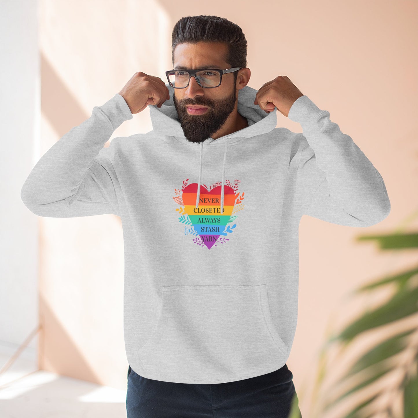 LGBTQ+ Rainbow Heart Hoodie — "Never Closeted, Always Stash Yarn" Fleece Pullover