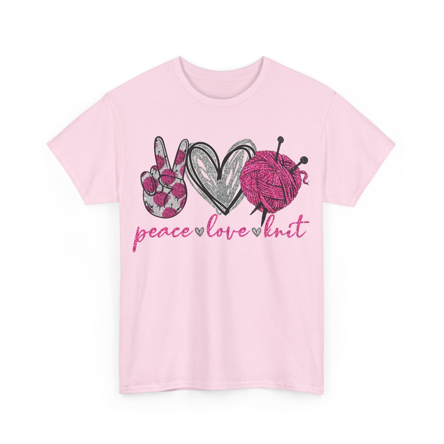 Pink Glitter Peace Love Knitting Unisex Heavy Cotton Tee