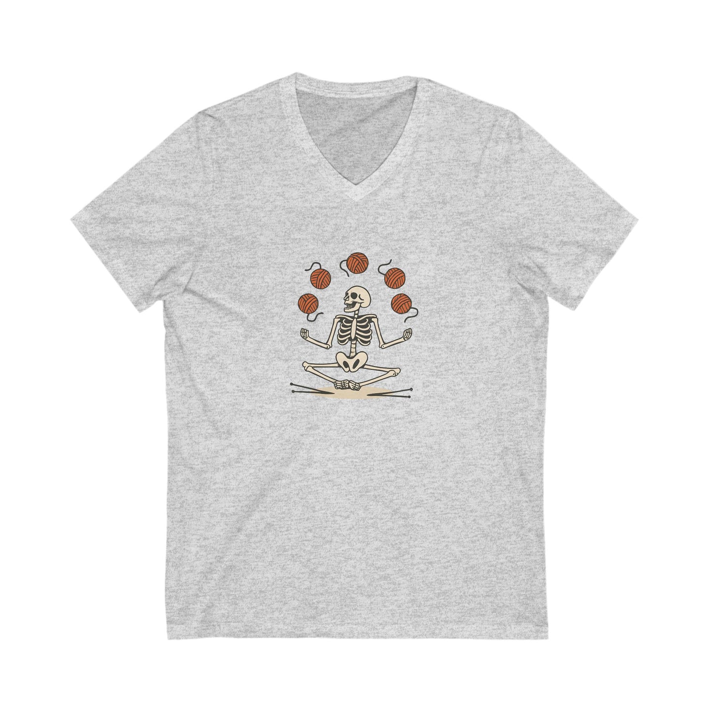 Meditative Yarn Juggling Skeleton V-Neck Tee, Yoga Shirt, Halloween Gift, Unisex T-Shirt, Casual Wear, Skull Design Tee