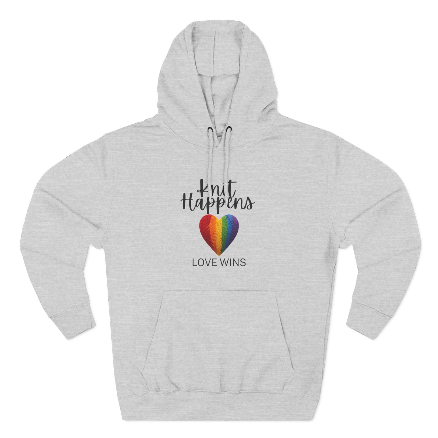Love Wins Hoodie — "Knit Happens, Love Wins" Rainbow Heart Fleece Pullover