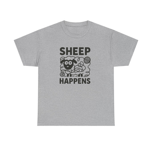 Funny Quote Unisex Tee, Sheep Happens, Graphic T-Shirt, Sarcastic Humor Shirt, Cotton Top, Yarn Lover Gift, Knitter Gift, Crocheter Gift