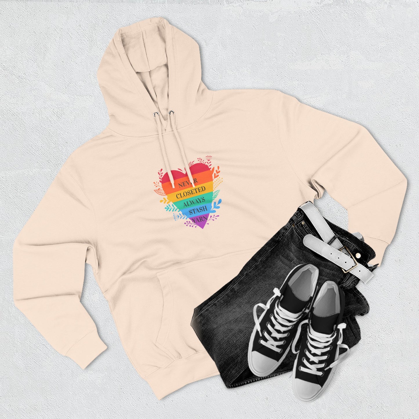 LGBTQ+ Rainbow Heart Hoodie — "Never Closeted, Always Stash Yarn" Fleece Pullover