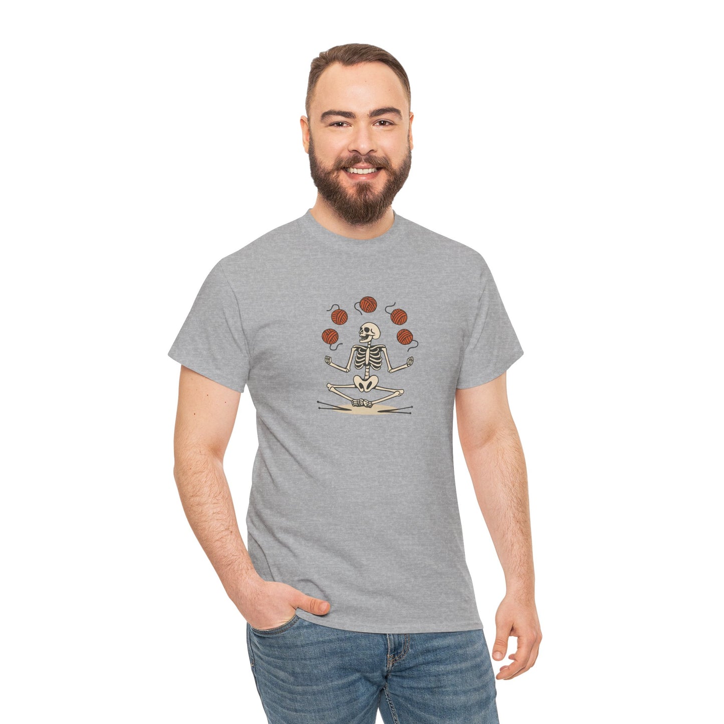 Meditative Yarn Juggling Skeleton V-Neck Tee, Yoga Shirt, Halloween Gift, Unisex T-Shirt, Casual Wear, Skull Design Tee