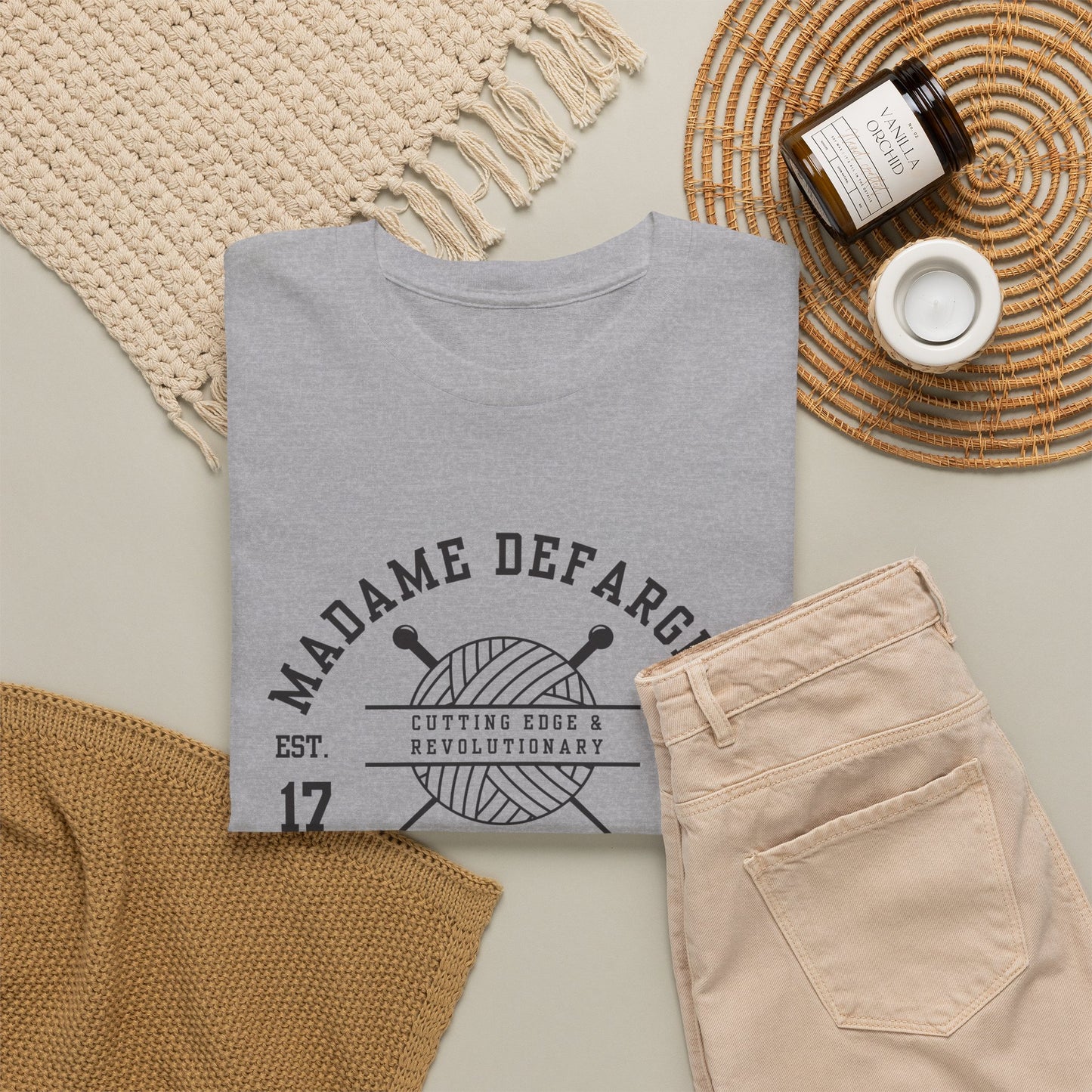 Madame Defarge's Knitting School Tee, Unique Graphic T-Shirt, Gift for Knitters, Literary Tee, Relaxed Style for Events, Soft Cotton