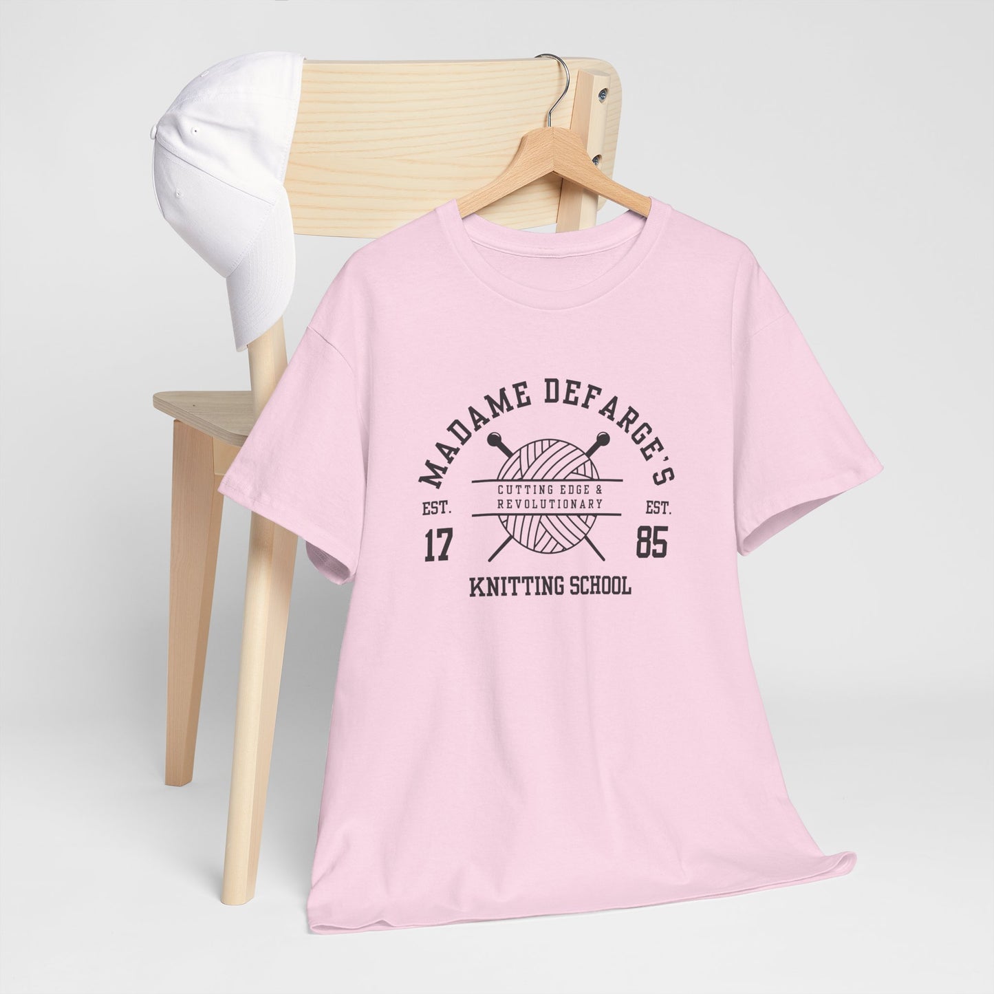 Madame Defarge's Knitting School Tee, Unique Graphic T-Shirt, Gift for Knitters, Literary Tee, Relaxed Style for Events, Soft Cotton
