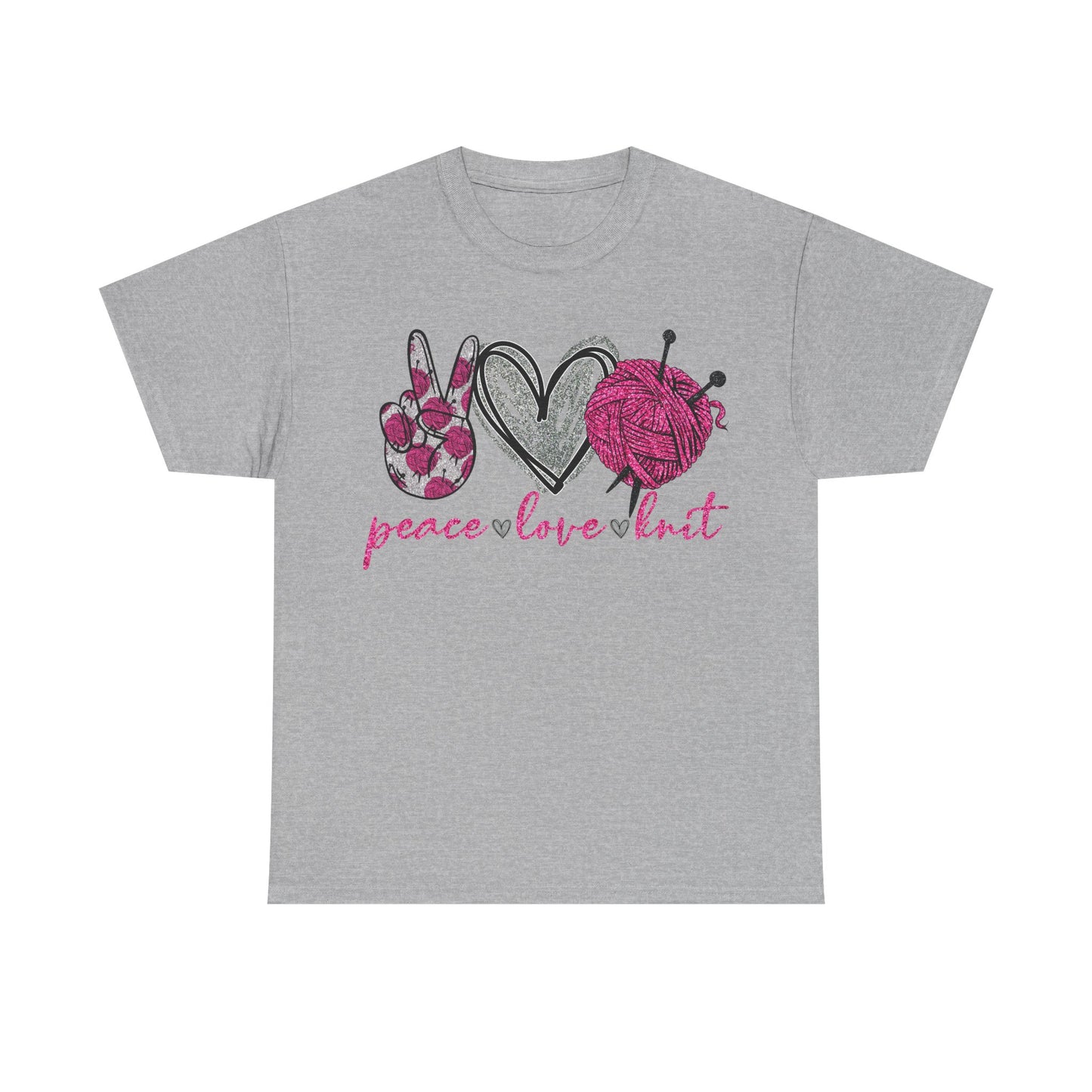 Pink Glitter Peace Love Knitting Unisex Heavy Cotton Tee
