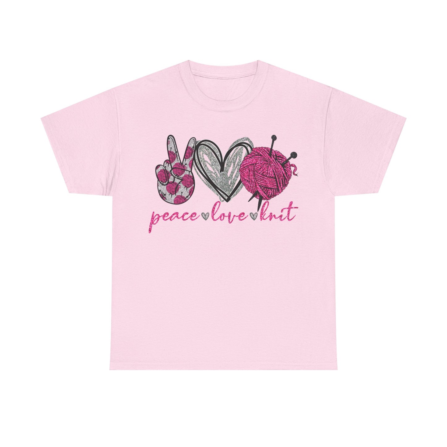 Pink Glitter Peace Love Knitting Unisex Heavy Cotton Tee