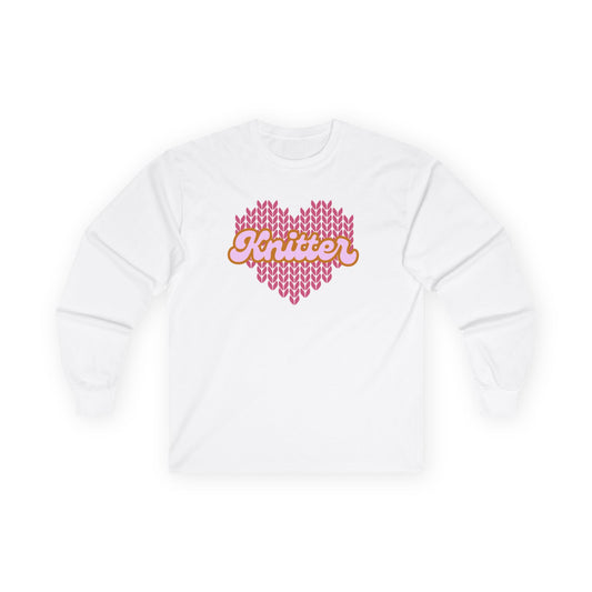 Knitter with knitted heart Shirt, Valentine's Day Tee, Unisex Cotton Long Sleeve, Love Knitting Top, Heart Knitwear Gift