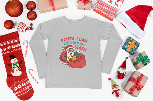 Santa I Can Explain Long Sleeve Tee, Gift for Yarn Lovers, Gift for Knitters, Cotton Tshirt