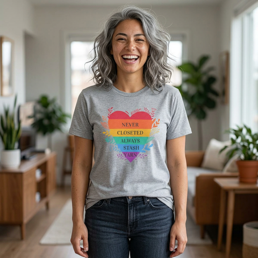 Rainbow Heart T‑Shirt — "Never Closeted Always Stash Yarn" Pride Tee