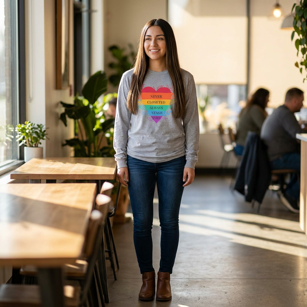 Long Sleeve Tee — Rainbow Heart "Never Closeted Always Stash Yarn" LGBTQ+ Pride Shirt