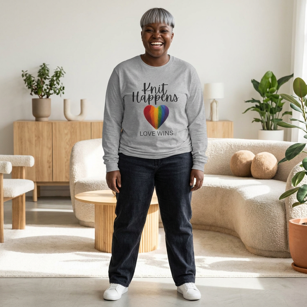 “Knit Happens Love Wins” Long Sleeve Tee – Rainbow Heart Shirt