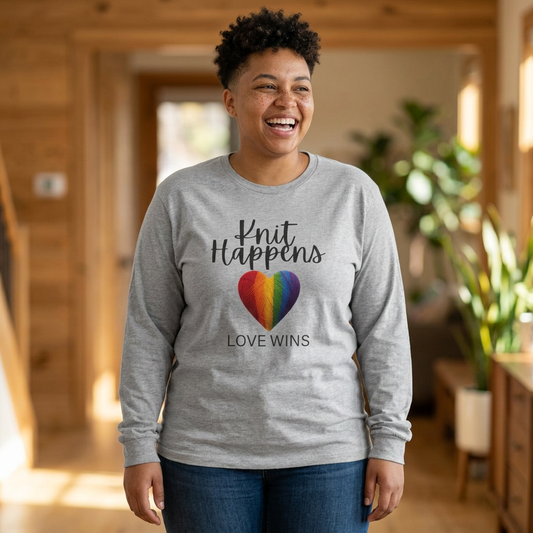 “Knit Happens Love Wins” Long Sleeve Tee – Rainbow Heart Shirt