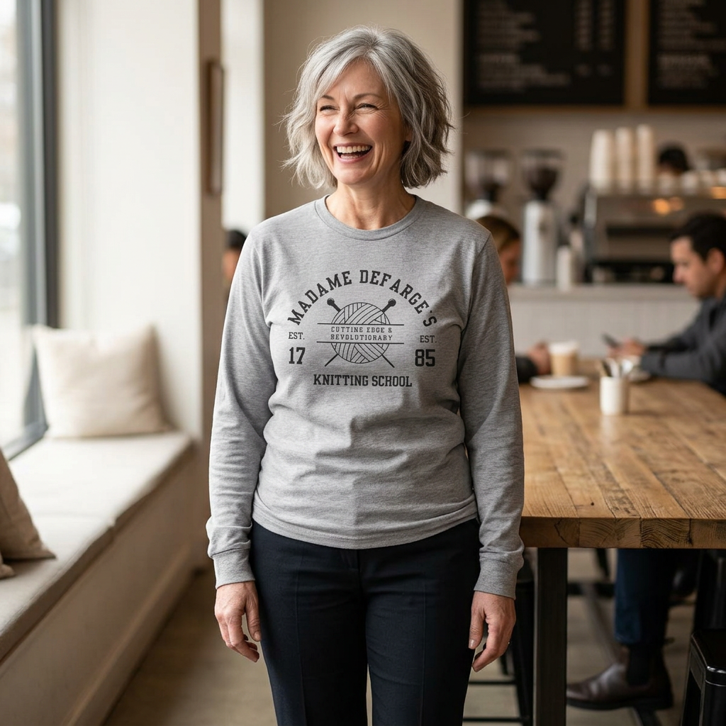 Madame DeFarge Knitting School Long Sleeve Tee for Knitters, Vintage Literary Graphic Tee, Unisex Cotton Shirt, Gift for Yarn Lovers,