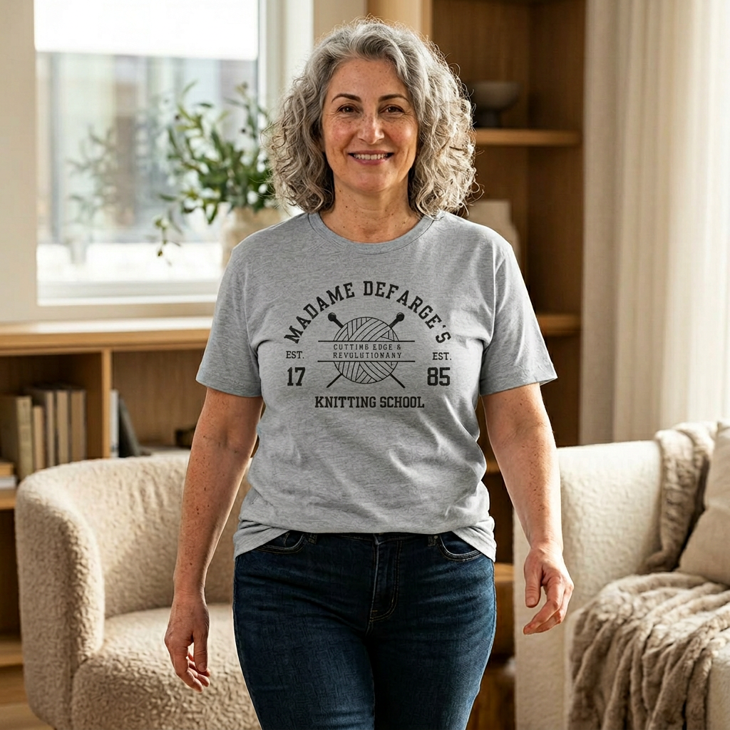 Madame Defarge's Knitting School Tee, Unique Graphic T-Shirt, Gift for Knitters, Literary Tee, Relaxed Style for Events, Soft Cotton