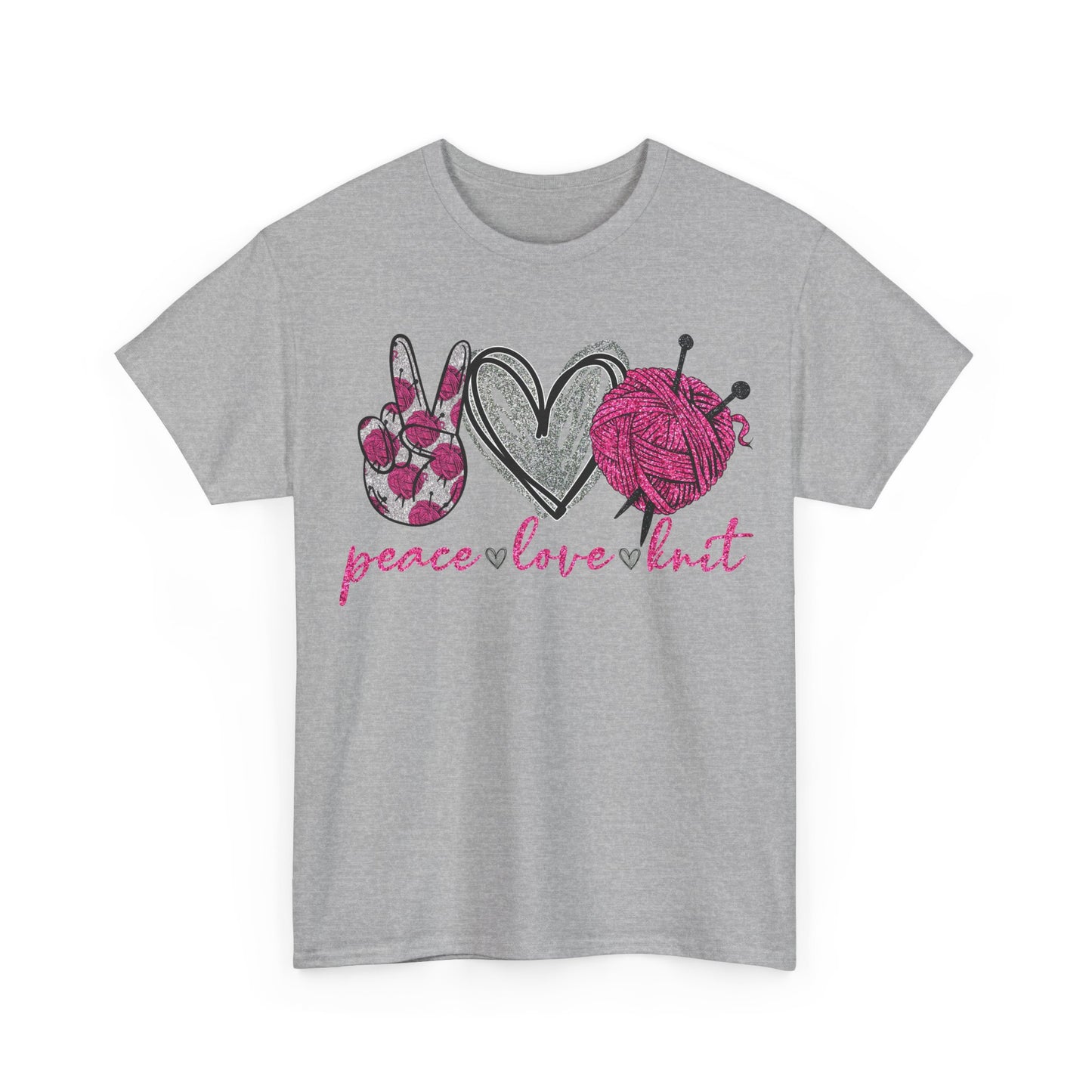 Pink Glitter Peace Love Knitting Unisex Heavy Cotton Tee