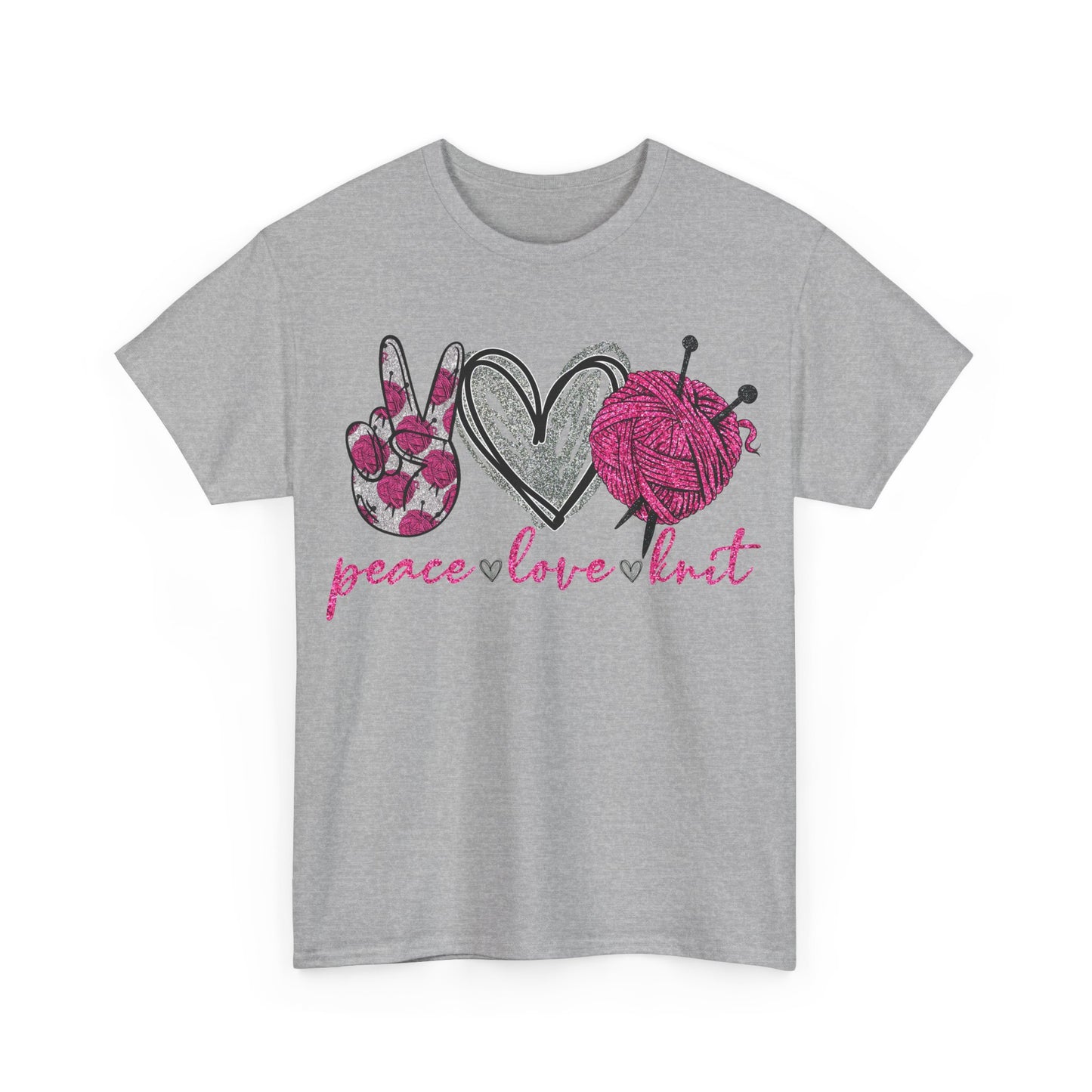 Pink Glitter Peace Love Knitting Unisex Heavy Cotton Tee