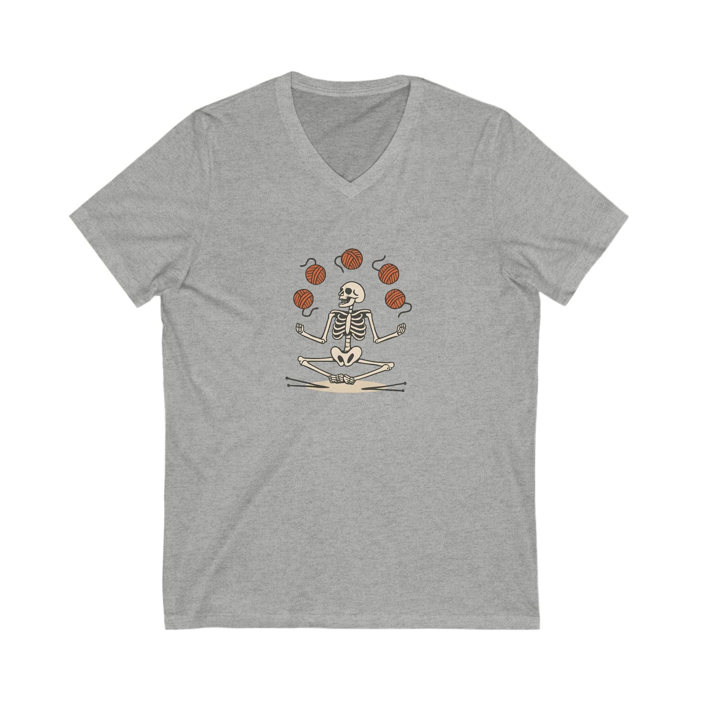 Meditative Yarn Juggling Skeleton V-Neck Tee, Yoga Shirt, Halloween Gift, Unisex T-Shirt, Casual Wear, Skull Design Tee