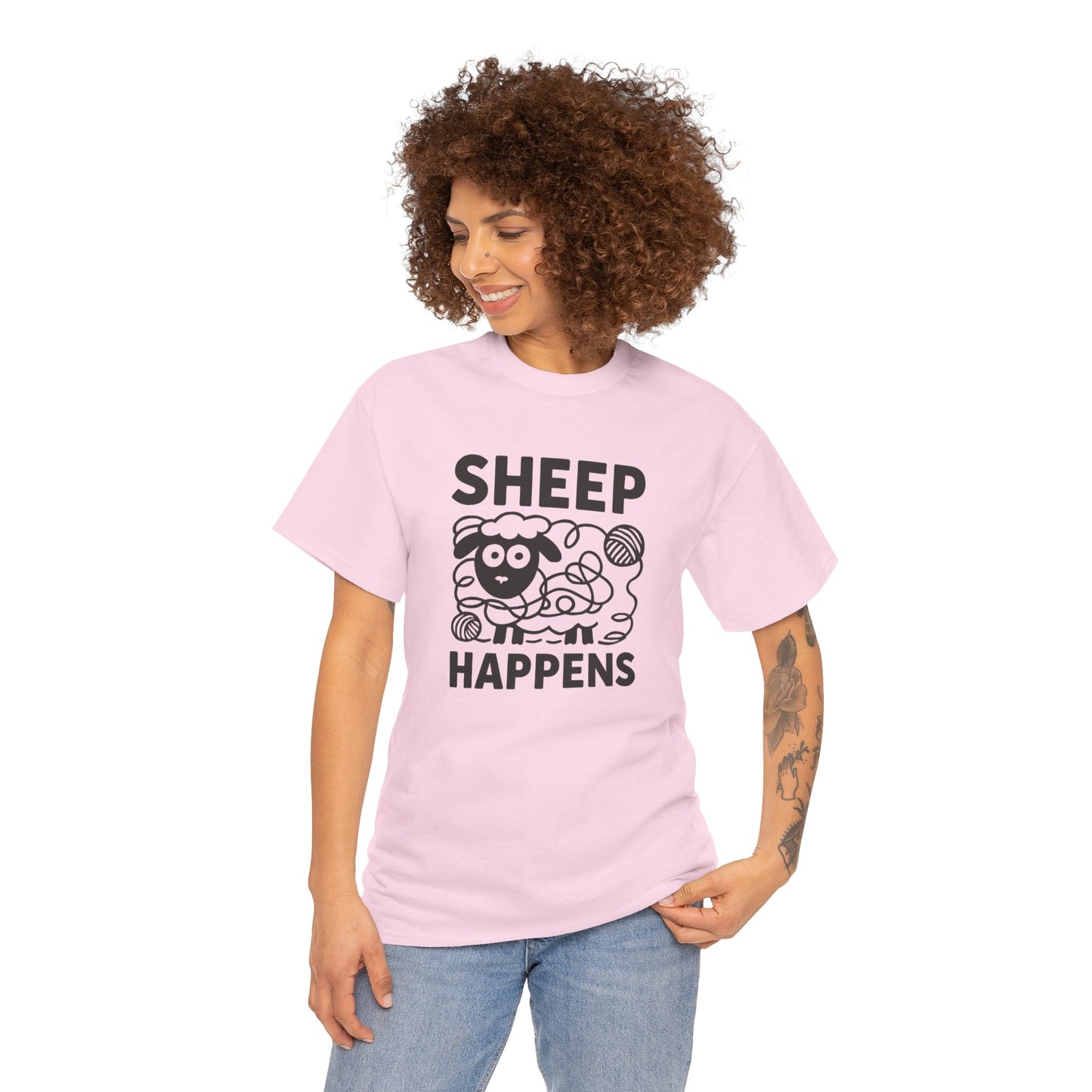 Funny Quote Unisex Tee, Sheep Happens, Graphic T-Shirt, Sarcastic Humor Shirt, Cotton Top, Yarn Lover Gift, Knitter Gift, Crocheter Gift