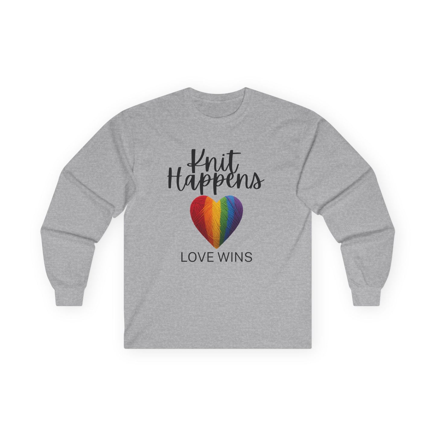 “Knit Happens Love Wins” Long Sleeve Tee – Rainbow Heart Shirt