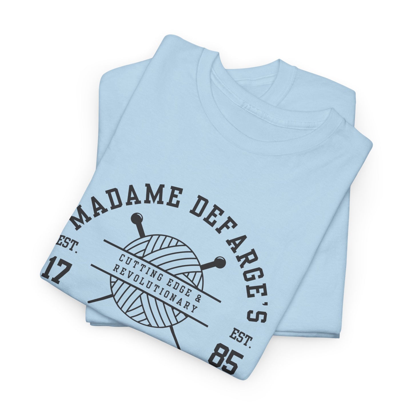 Madame Defarge's Knitting School Tee, Unique Graphic T-Shirt, Gift for Knitters, Literary Tee, Relaxed Style for Events, Soft Cotton