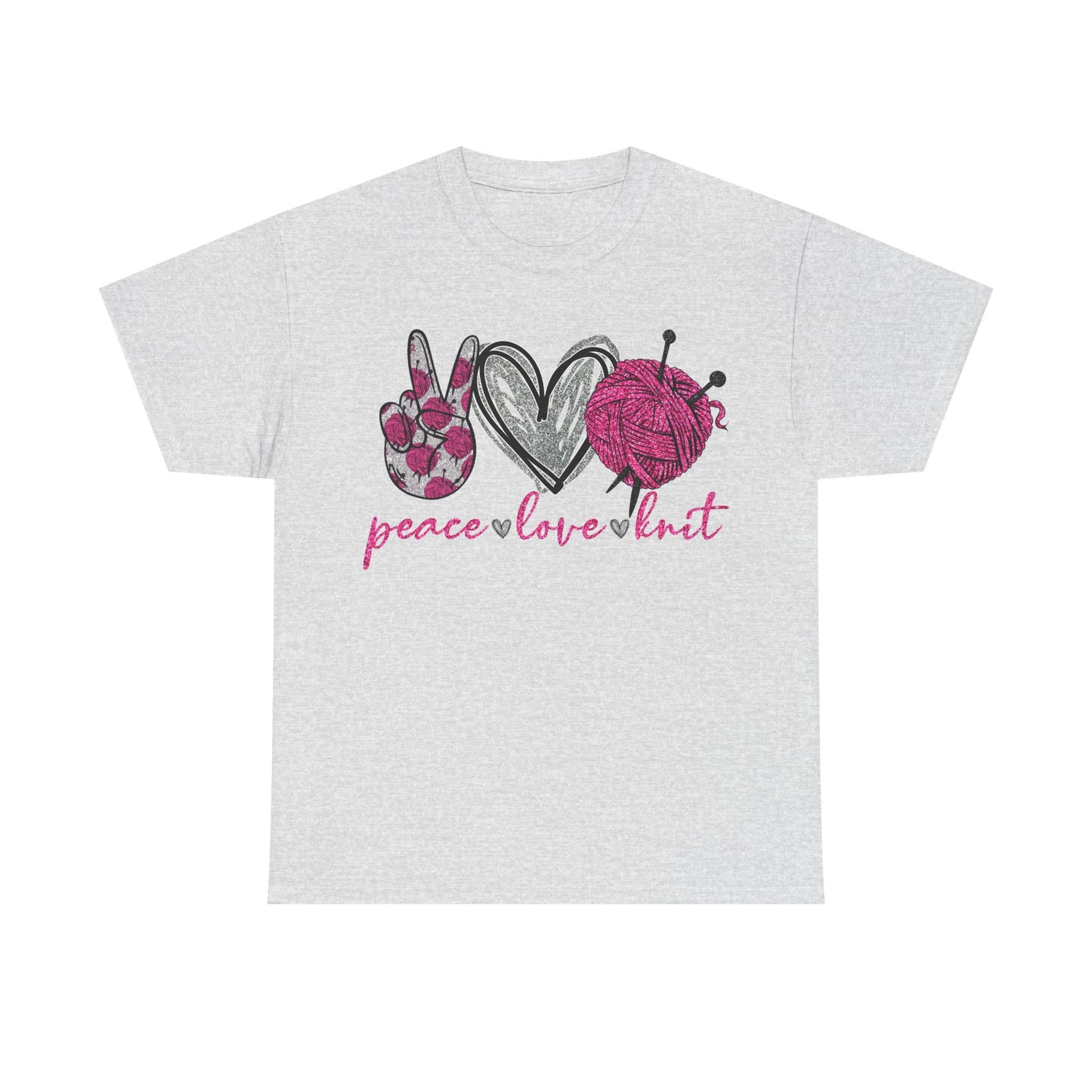Pink Glitter Peace Love Knitting Unisex Heavy Cotton Tee
