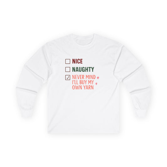 Holiday Spirit Long-sleeve Tee | Nice or Naughty Cotton Top | Cozy Christmas Gift | Unisex shirt | Festive Winter Apparel