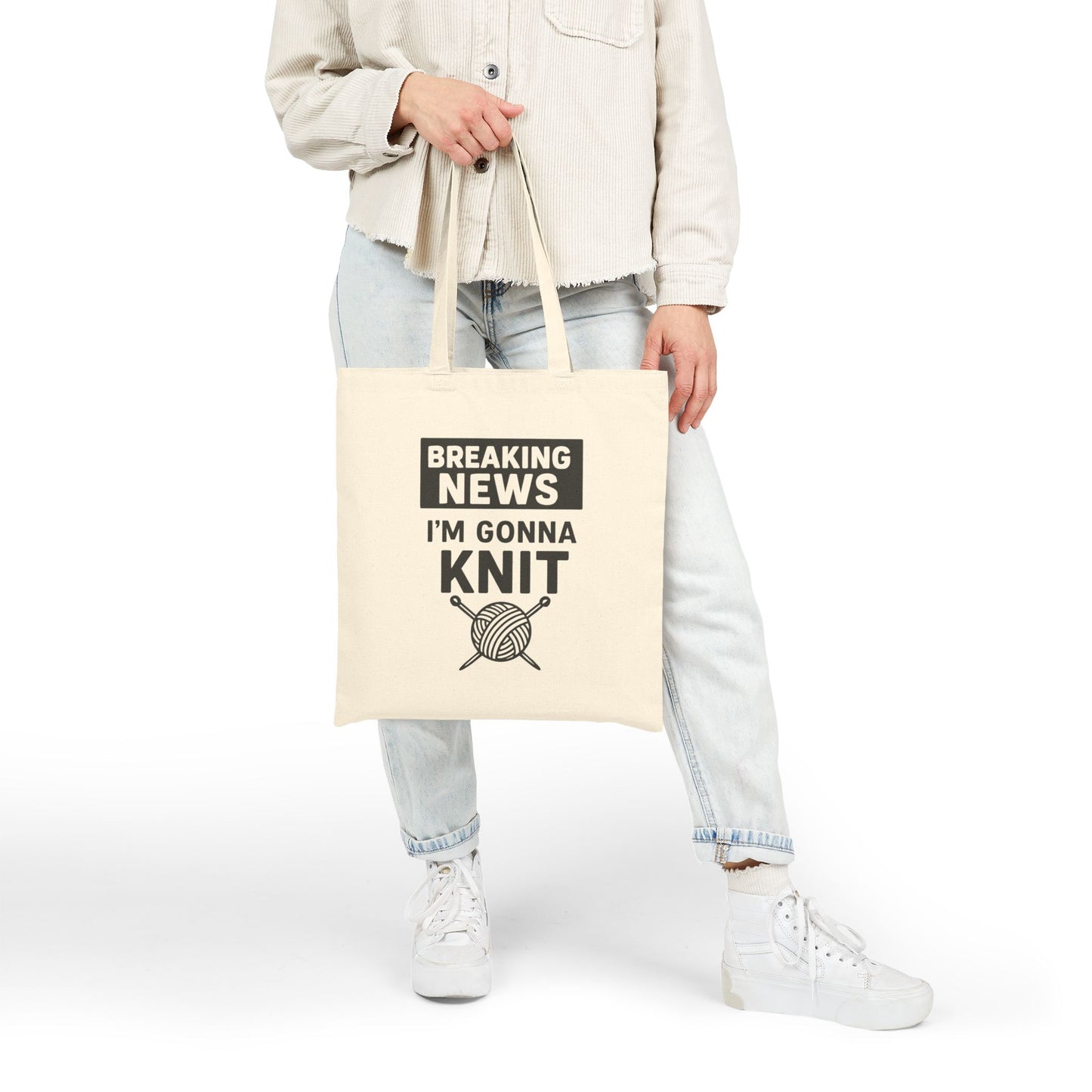 Breaking News I’m Gonna Knit Cotton Canvas Tote Bag, Eco-Friendly Shopping Bag, Gift for Crafters, Reusable Tote, Pride Merchandise