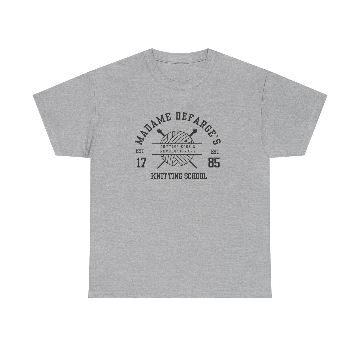Madame Defarge's Knitting School Tee, Unique Graphic T-Shirt, Gift for Knitters, Literary Tee, Relaxed Style for Events, Soft Cotton