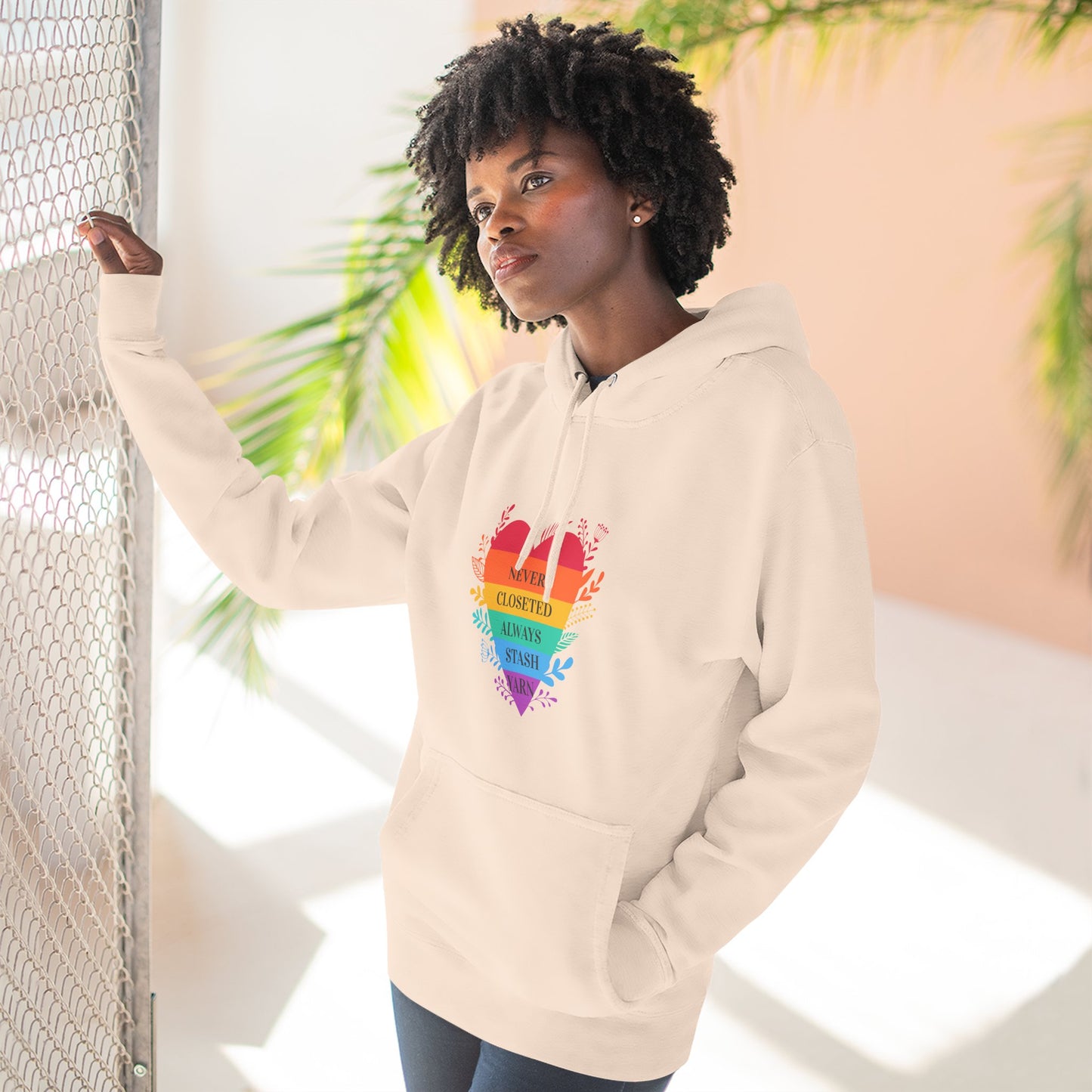 LGBTQ+ Rainbow Heart Hoodie — "Never Closeted, Always Stash Yarn" Fleece Pullover