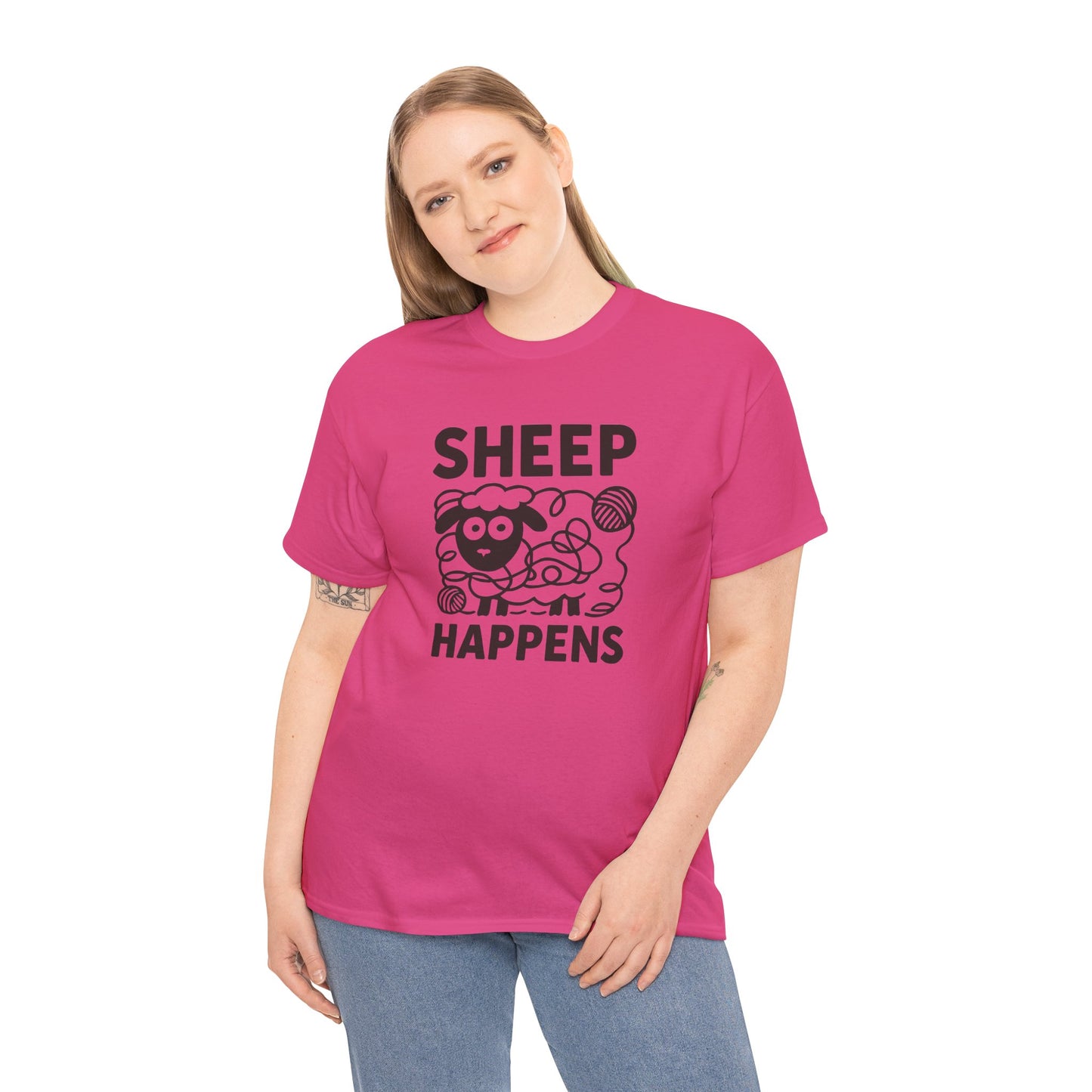 Funny Quote Unisex Tee, Sheep Happens, Graphic T-Shirt, Sarcastic Humor Shirt, Cotton Top, Yarn Lover Gift, Knitter Gift, Crocheter Gift