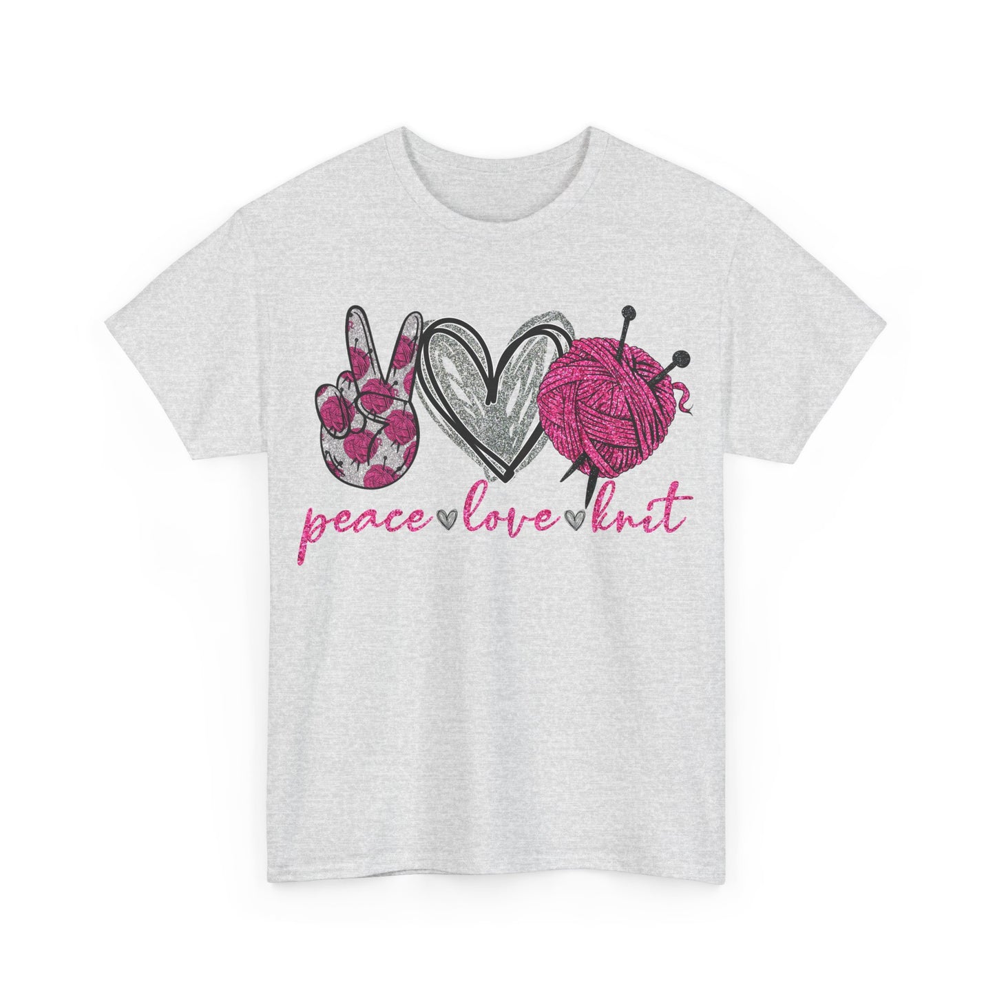 Pink Glitter Peace Love Knitting Unisex Heavy Cotton Tee