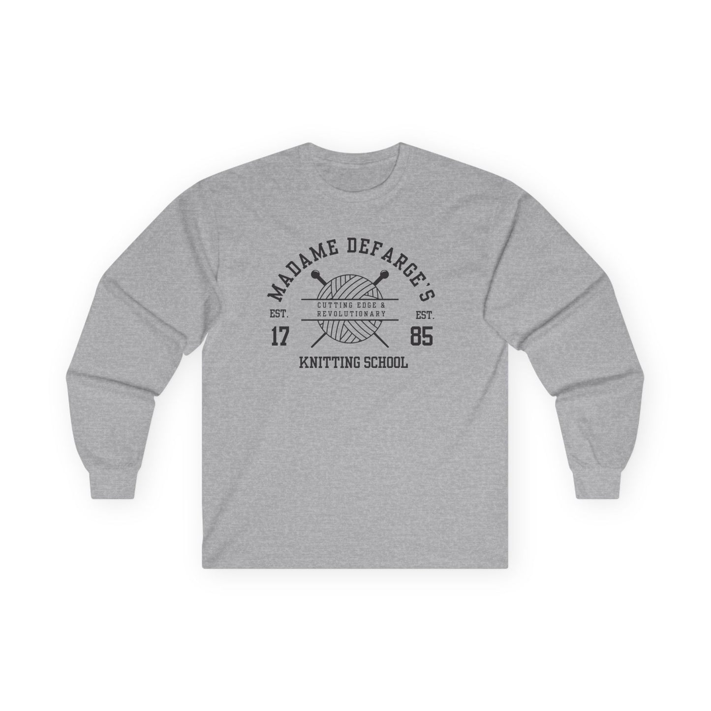 Madame DeFarge Knitting School Long Sleeve Tee for Knitters, Vintage Literary Graphic Tee, Unisex Cotton Shirt, Gift for Yarn Lovers,