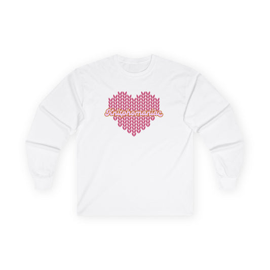 Knitphomaniac Knitted Heart Tshirt, Valentine's Day Unisex Tee, Long Sleeve Cotton Shirt, Love Knit Graphic Top, Knitted Heart