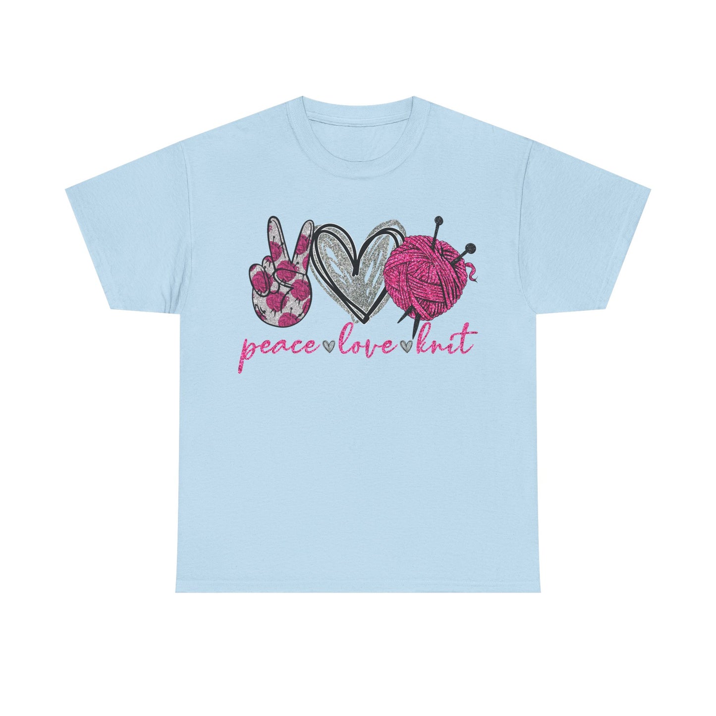 Pink Glitter Peace Love Knitting Unisex Heavy Cotton Tee